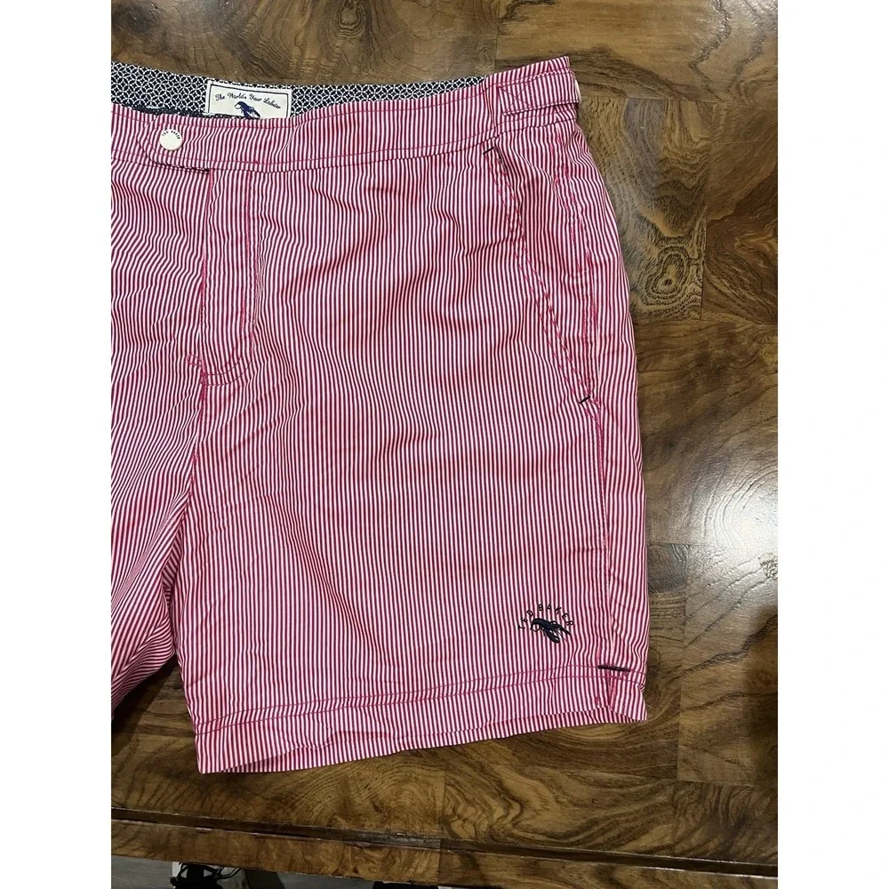 Ted Baker Swim Trunks Mens 5 XL Red White Seersucker Stripe Lobster Excellent